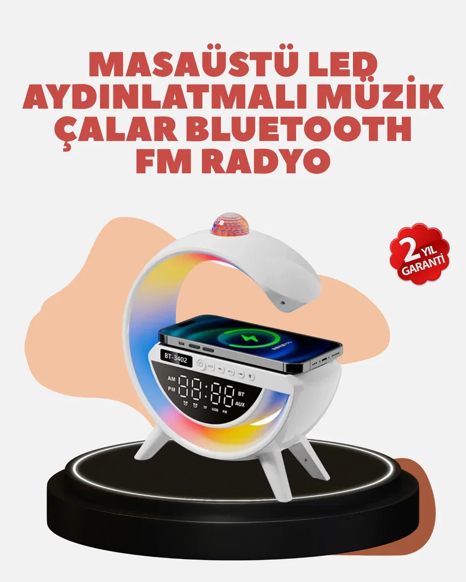Bluetooth 5. 0 Kablosuz Şarj Rampalı FM Radyo ve RGB Işıklı Hoparlör