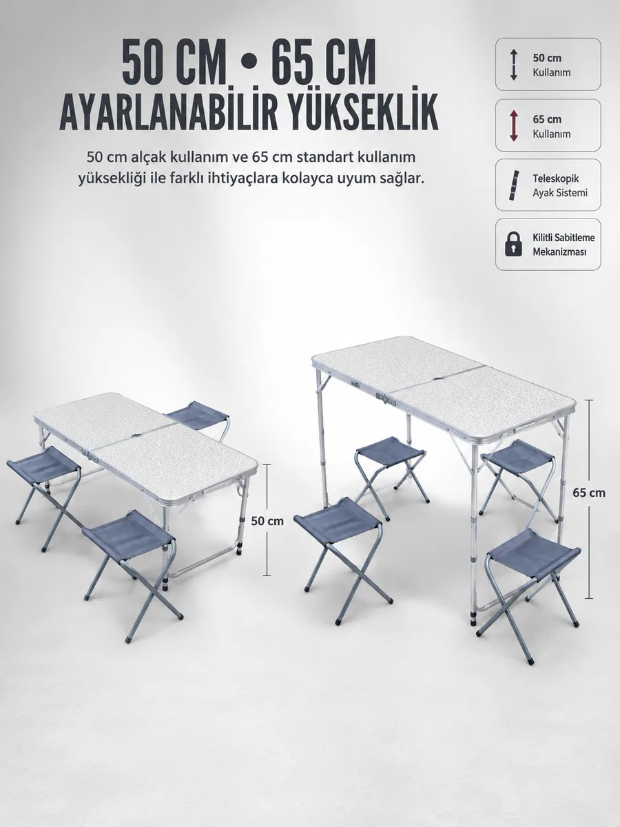4 Sandalyeli Katlanabilir Kamp Masası Portatif Bahçe Kamp ve Piknik Masa Seti