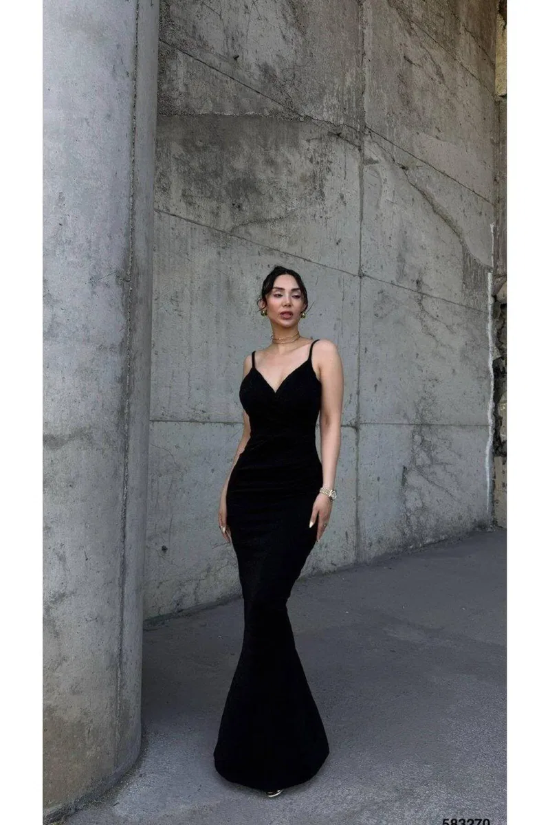 Kadın Modern Stil Mezuniyet Elbisesi V Yaka Askılı Balık Kesim Abiye Elbise
