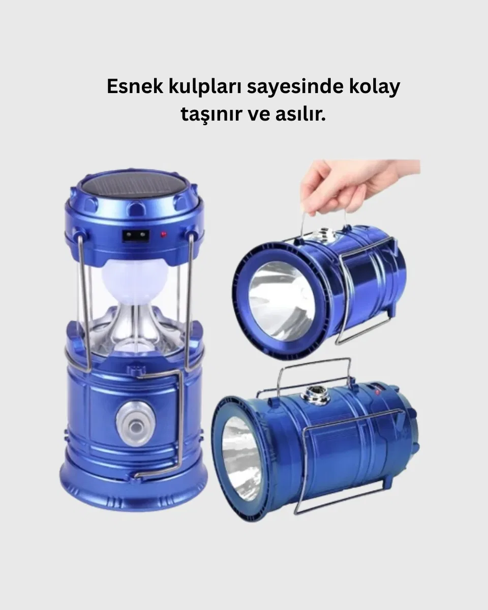 Güneş Enerjili Katlanabilir Kızaklı Kamp Feneri – USB Şarjlı, Çok Yönlü ve Dayanıklı Tasarım görsel 4