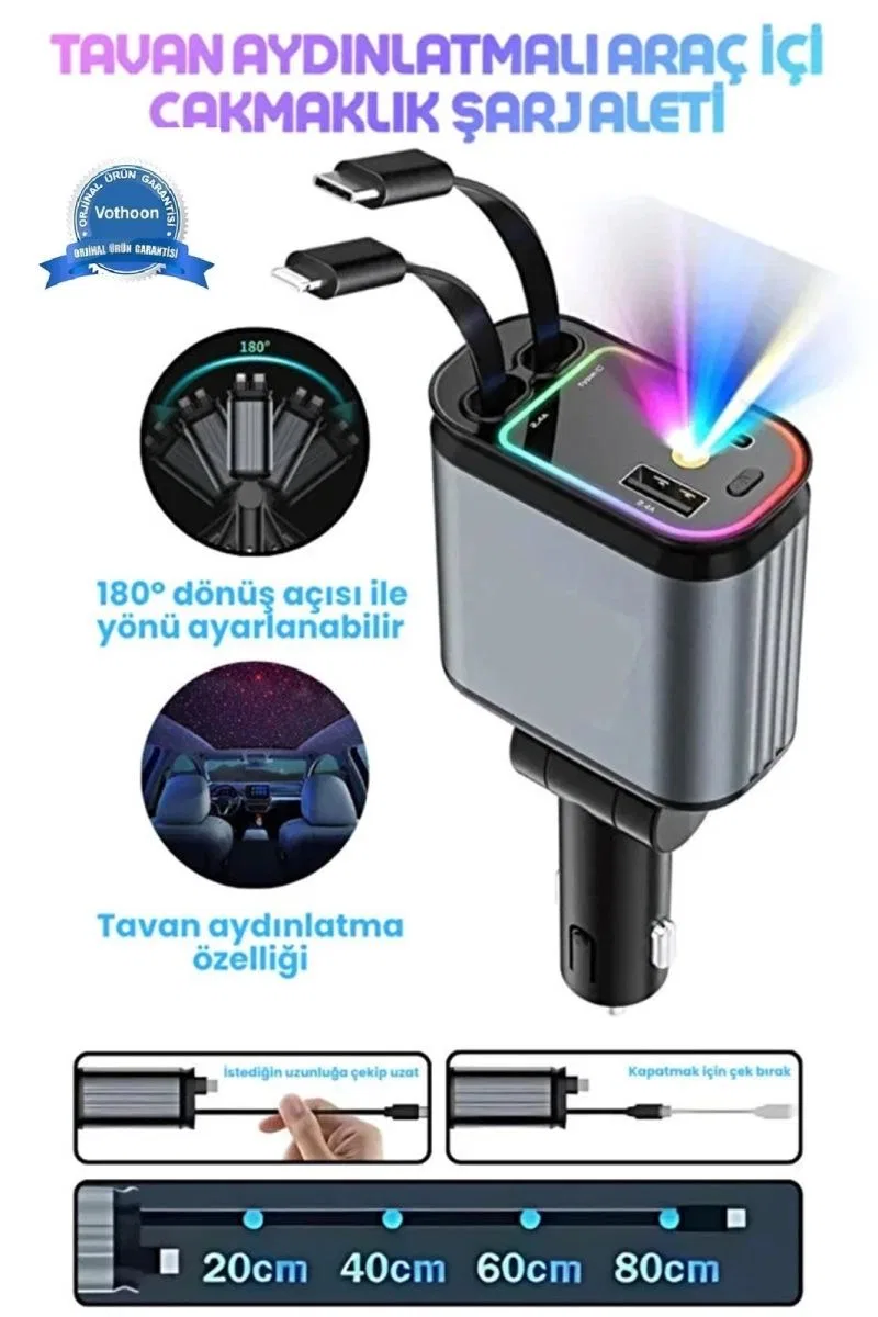 Led Işık Tavan Aydınlatmalı 66w 4’1 Çift Kablolu Hızlı Şarj 3. 4a Araç İçi Çakmaklık Şarj Aleti