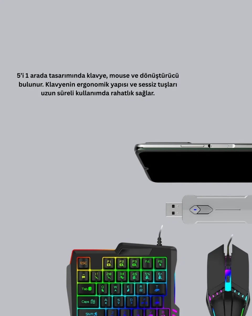 Mobil Gaming Set Klavye + Mouse + Dönüştürücü 5’li Paket Yüksek DPI Bluetooth görsel 5