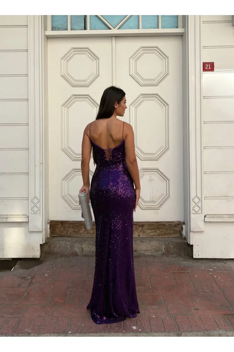 Kadın Şık Model V Yaka Askılı Dokulu Fitted Abiye Elbise görsel 3