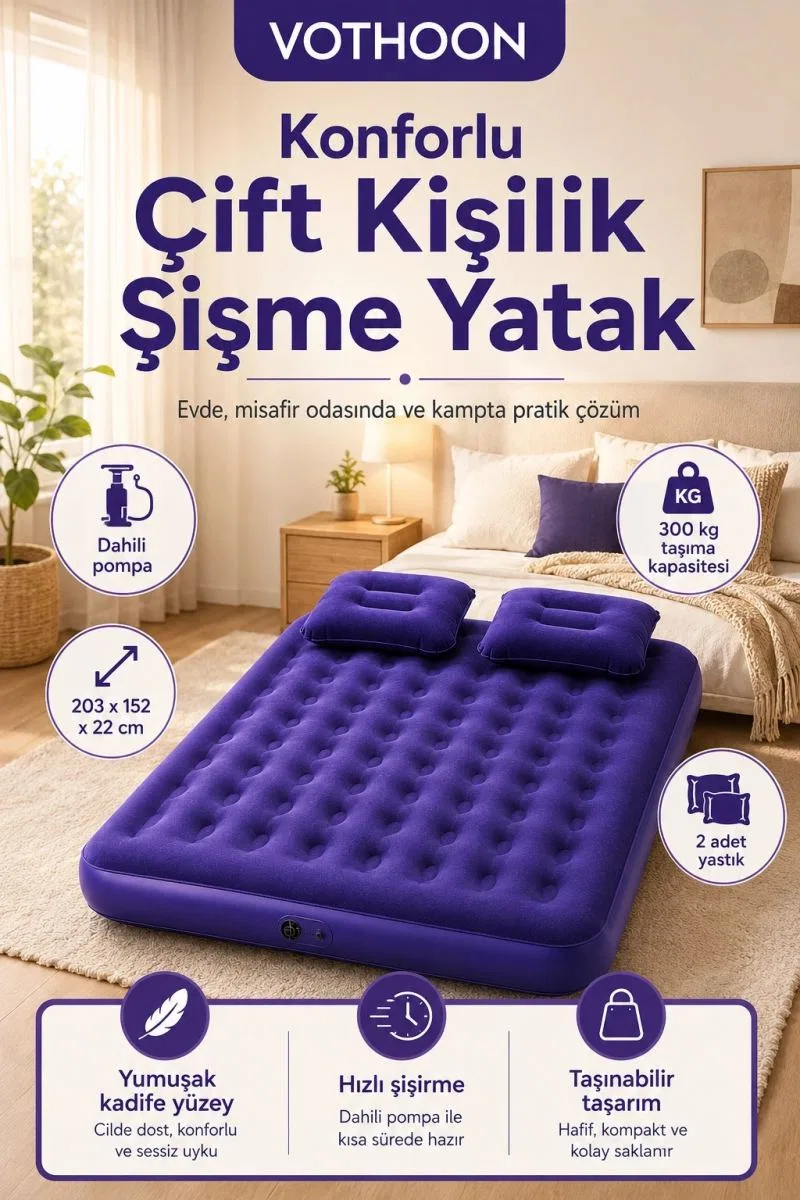 Çift Kişilik Şişme Yatak Dahili Pompalı 203x152x22 Cm 2 Yastıklı görsel 2