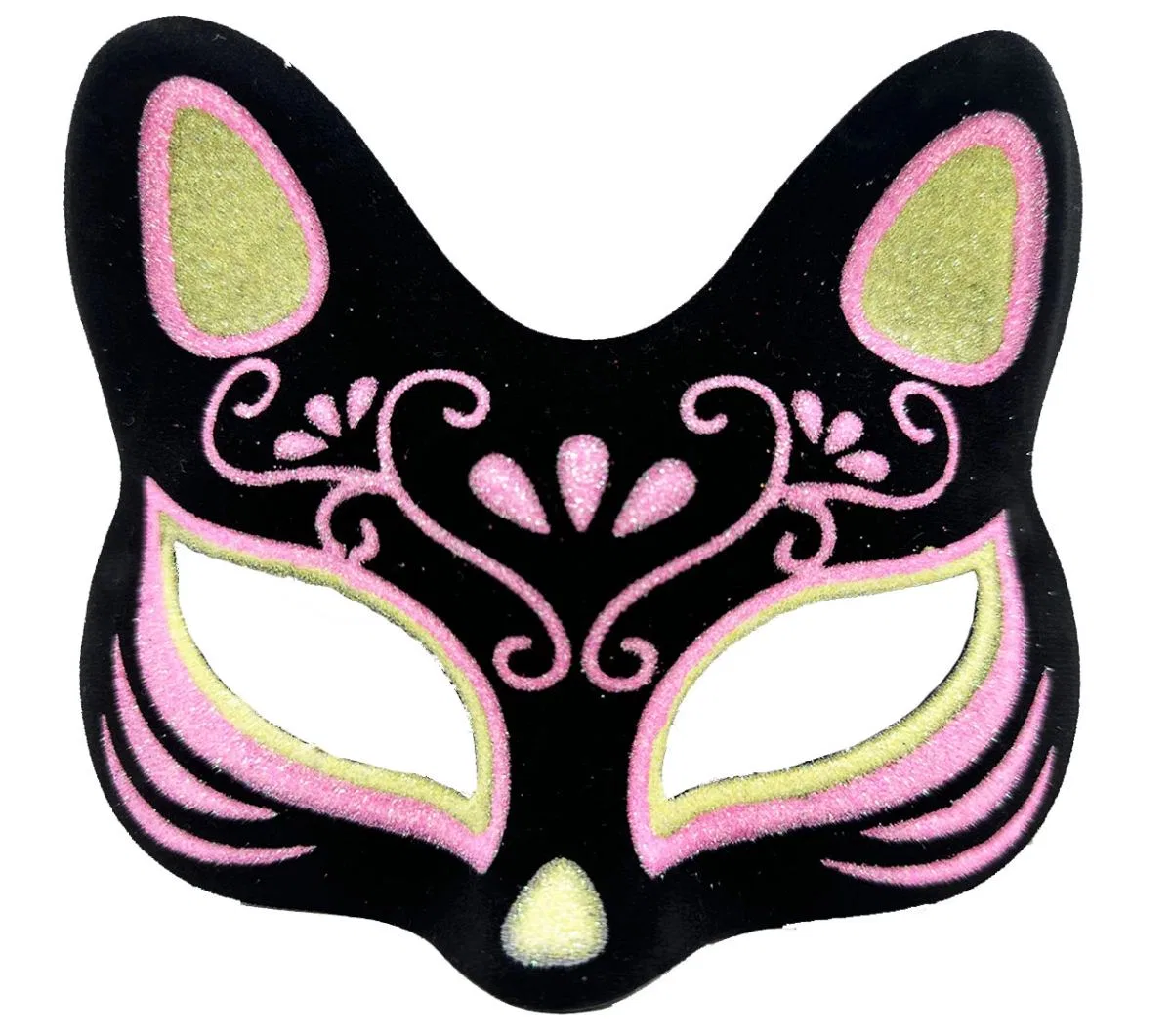 Siyah Renk Süet Kaplama Üzeri Sarı Pembe Simli Kedi Maskesi 17x14 Cm görsel 4