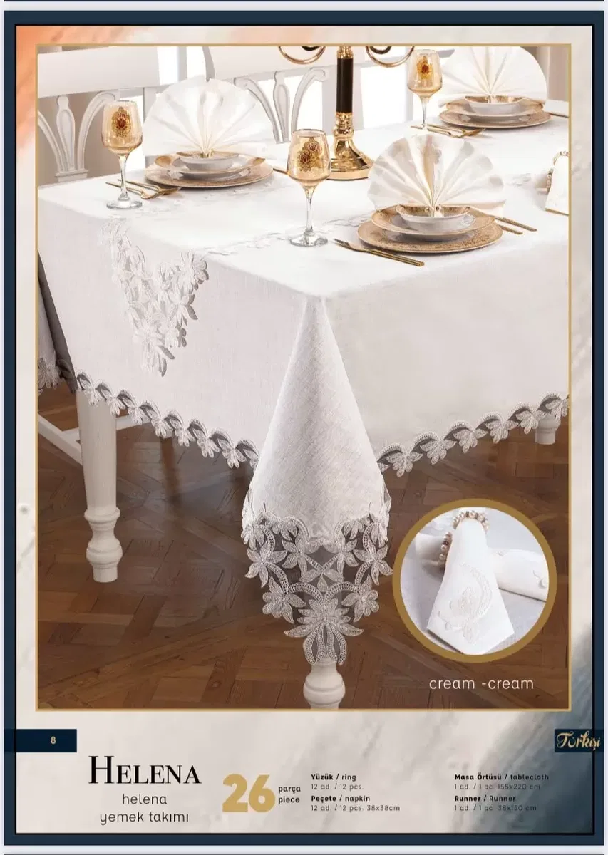 Helena Kreme Krem 12 Kişilik 26 Parça Şık 155 × 220 cm Runner Çeyizlik Masa Takımı görsel 5