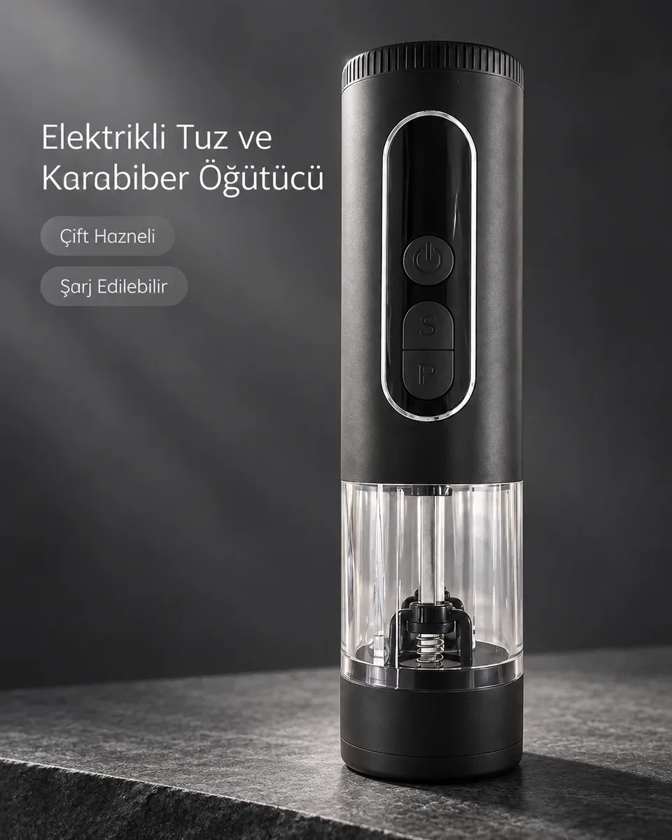 Mutfak ve Sofra Kullanımına Uygun Çift Hazneli Elektrikli Tuz Karabiber Öğütücü