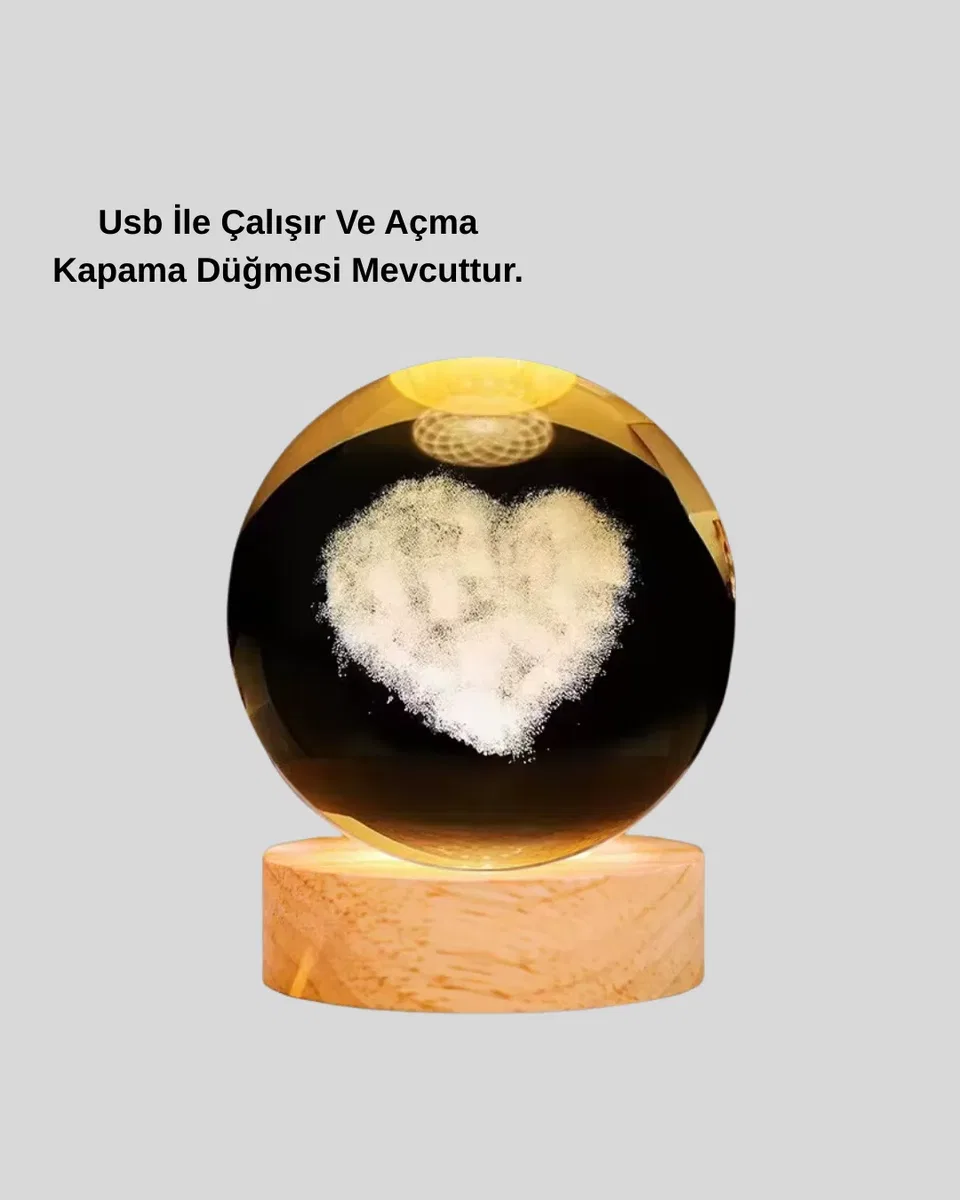 Romantik Kalpli Kristal Cam Küre USB’li Işıklı Dekoratif Obje görsel 5