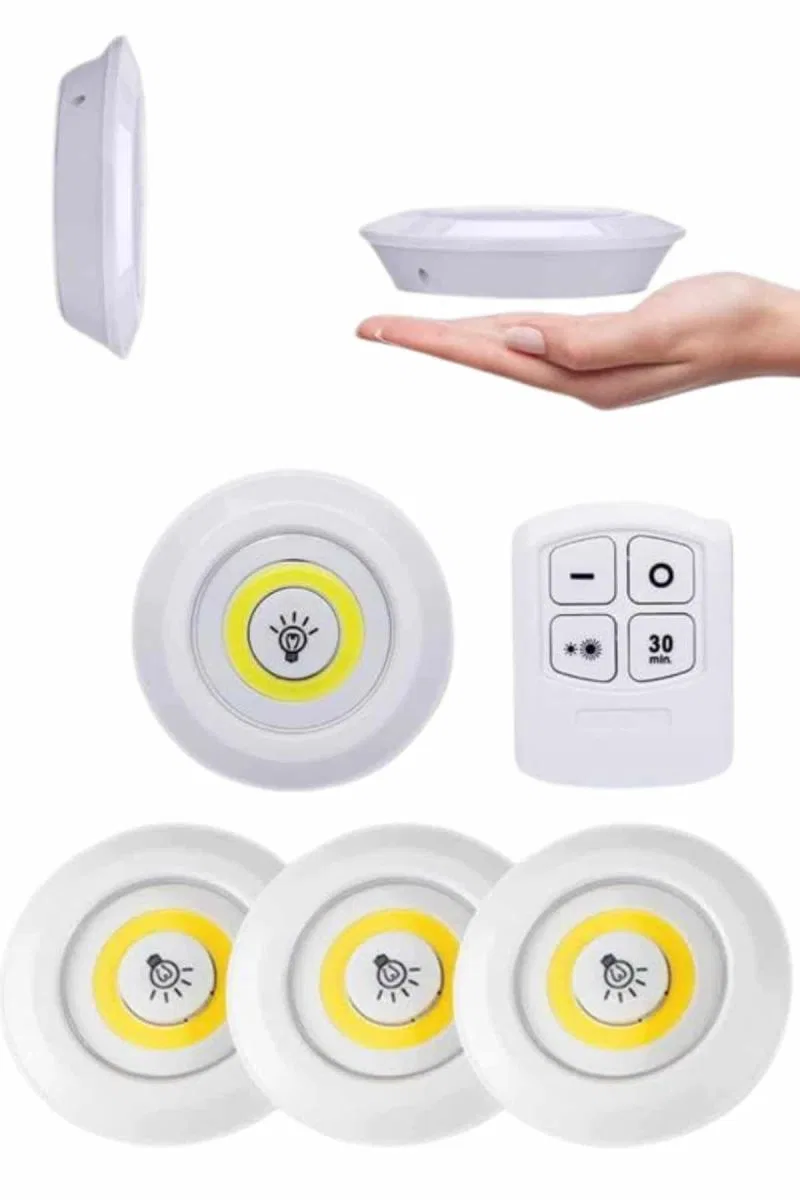 Yapışkanlı 3'lü Spot Led Işık Lamba Montajsız Pilli Uzaktan Kumandalı görsel 4
