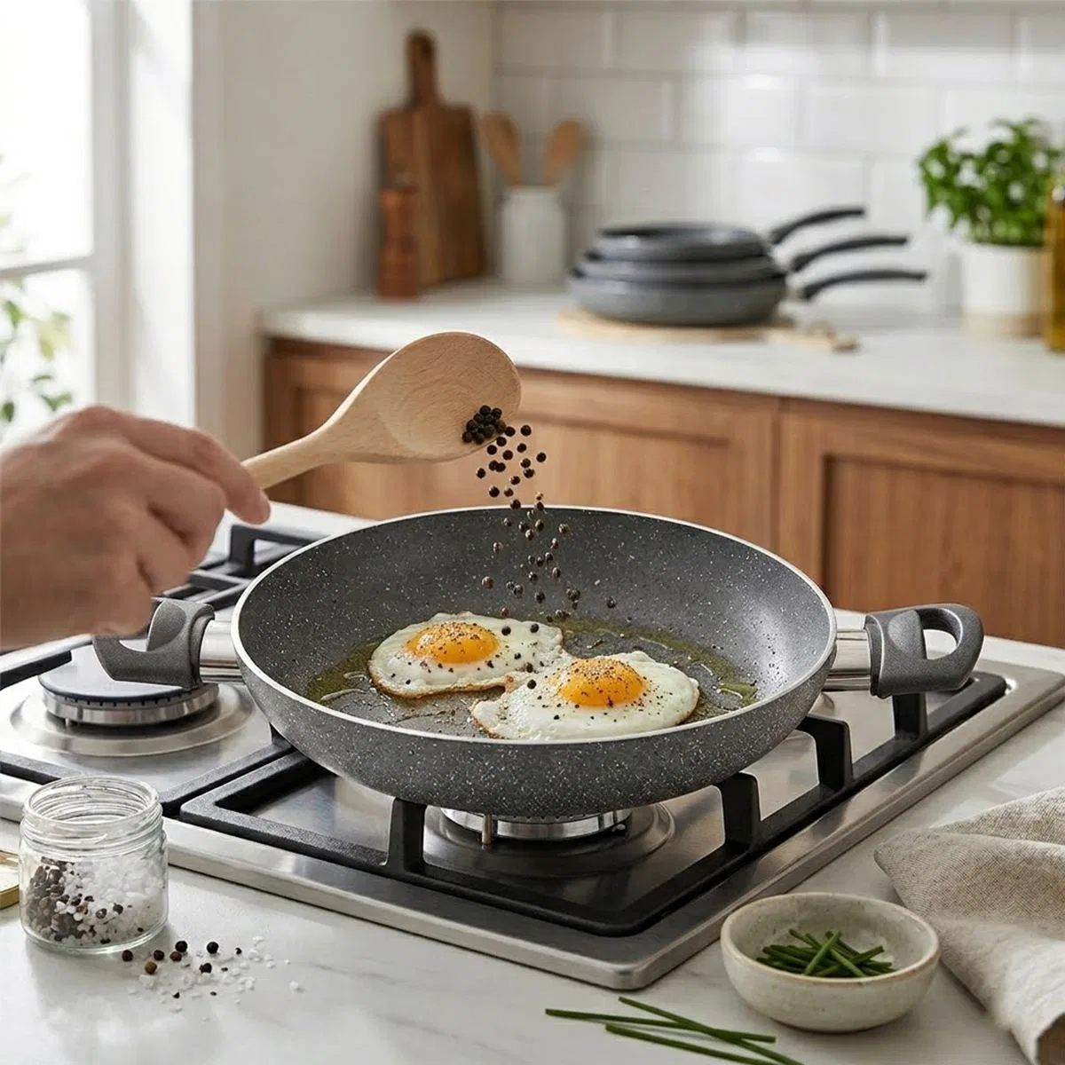 Granit Tava 22 cm Çift Saplı Gri Kırçıllı görsel 3