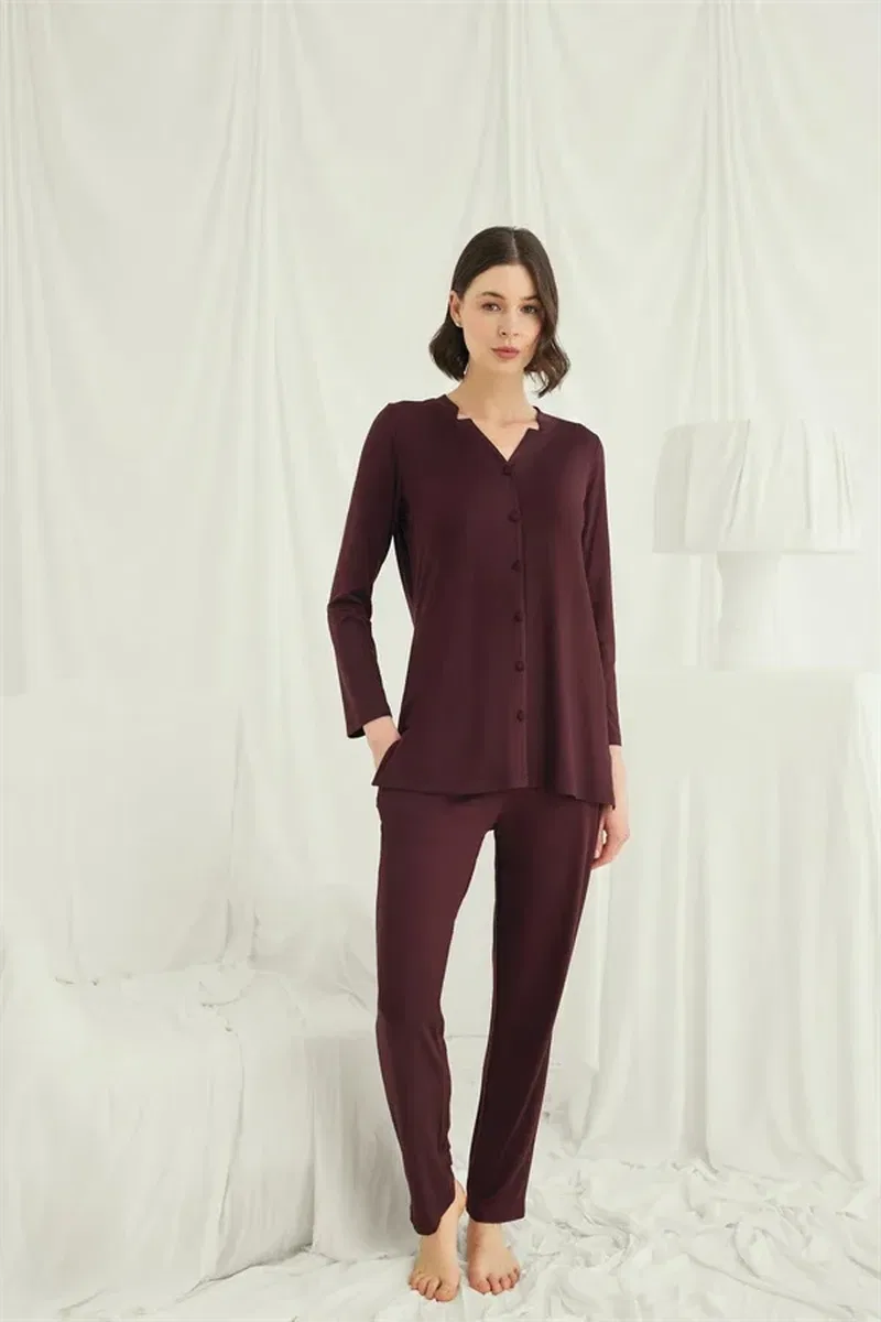 Uzun Kollu Boydan Düğmeli V Yaka Pijama Takımı görsel 2