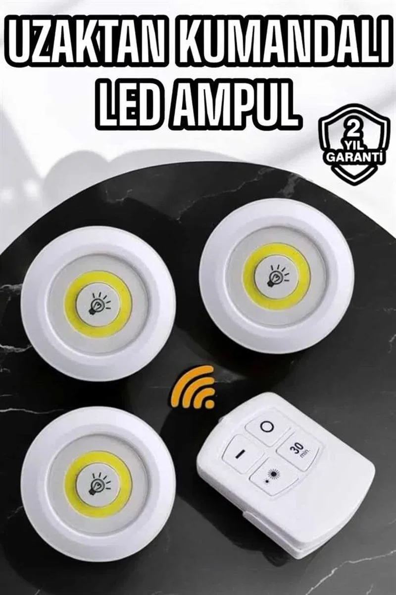 Spot Lamba Led Işık 3'lü Uzaktan Kumandalı Pilli Yapışkanlı Kablosuz Yeni Nesil görsel 2