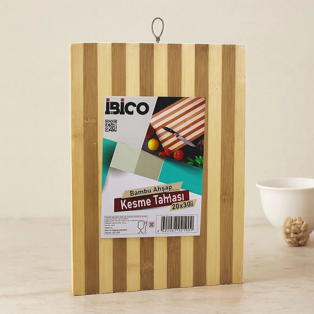 Bambu Kesme Tahtası 20x30x1. 3 cm - Beyaz Çizgili Metal Kulplu