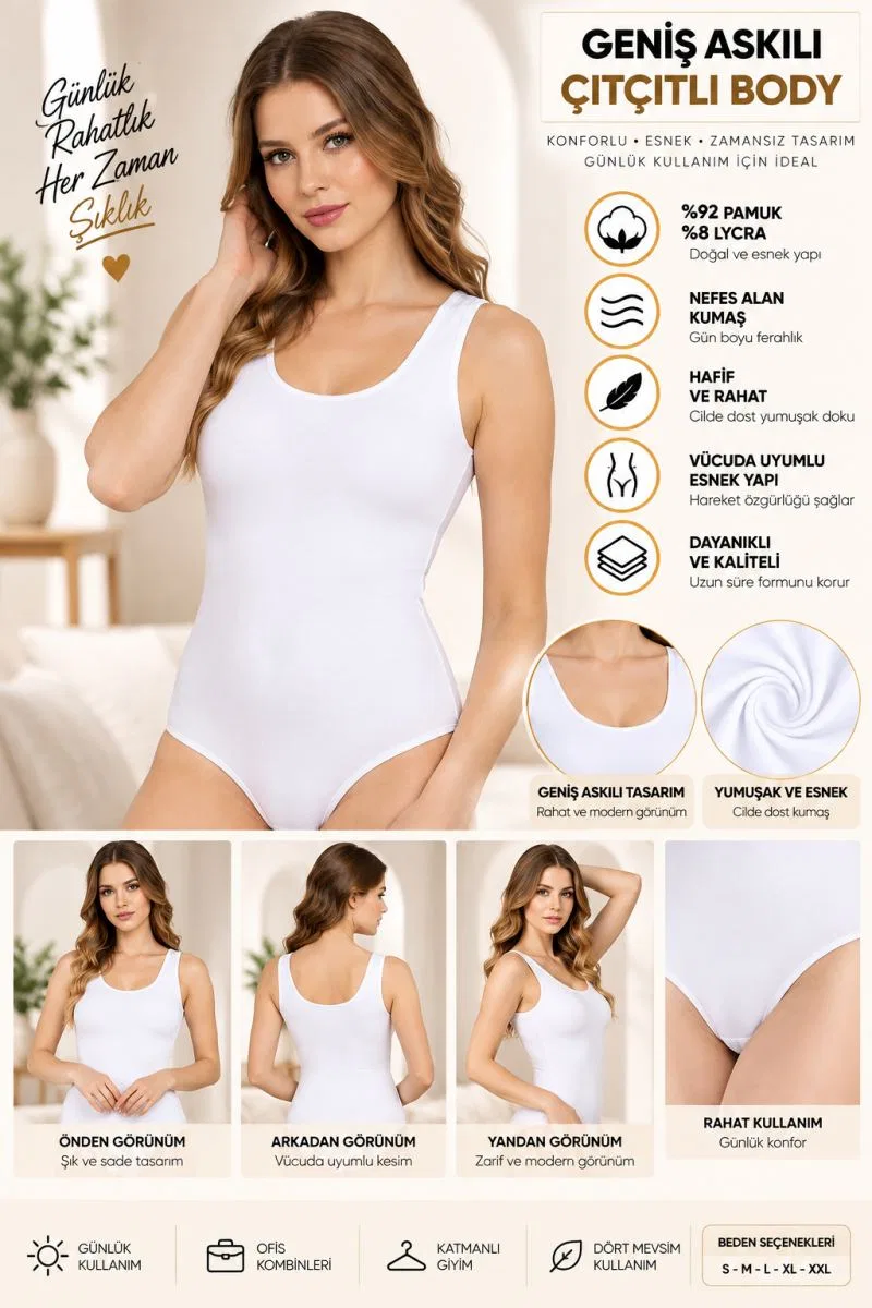 Kadın Geniş Askılı Çıtçıtlı Body Beyaz, Esnek Kumaş, Vücuda Oturan Basic Kadın Body - ryl - 2700 görsel 2