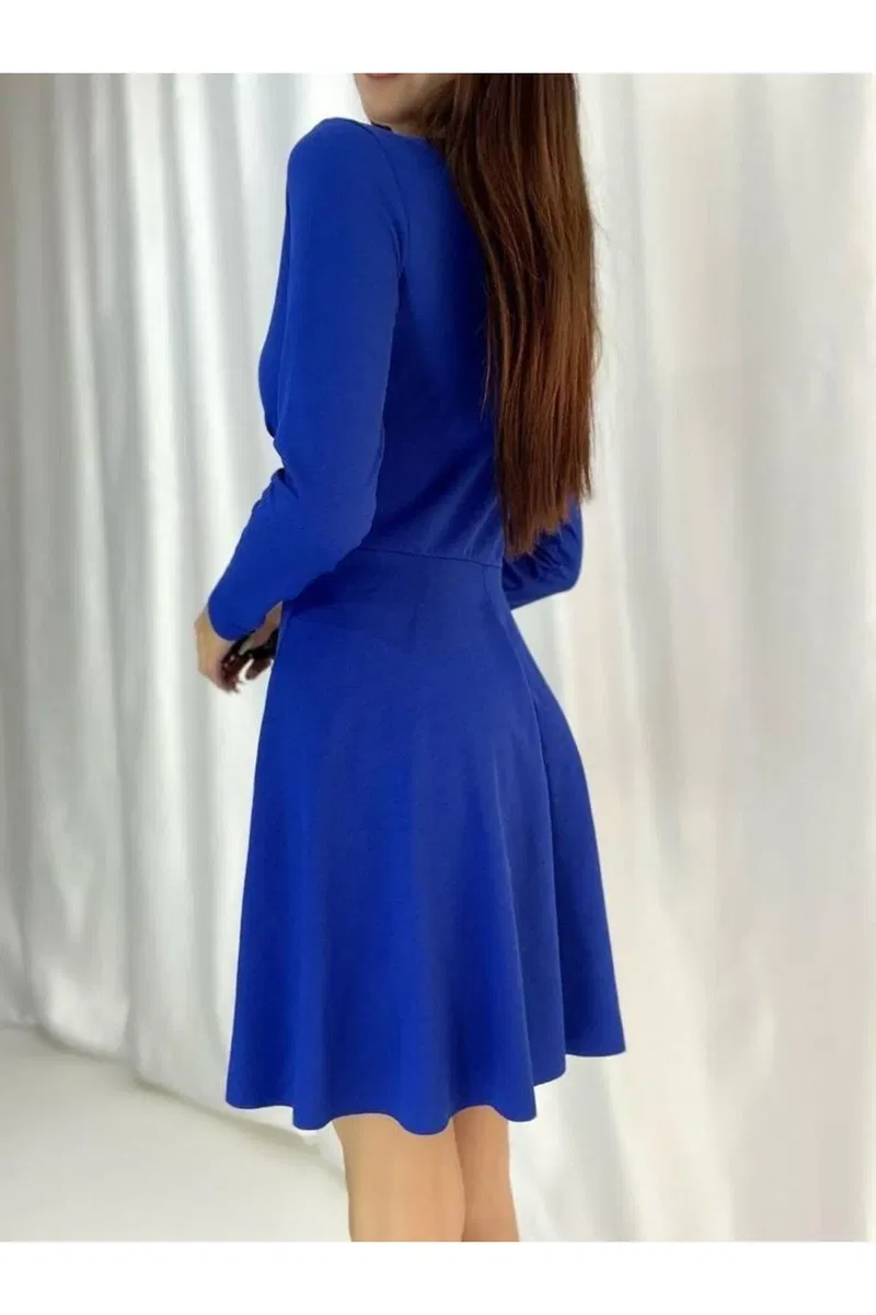 Kadın Modern Stil Kruvaze Uzun Kol Krep Kumaş Kloş Abiye Elbise görsel 4