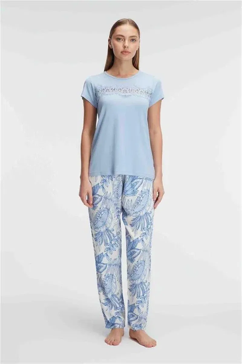 Kısa Kol Bisiklet Yaka Kadın Viskon Çiçek Desenli Yazlık ÖRME Dantel Detaylı Pijama Takımı