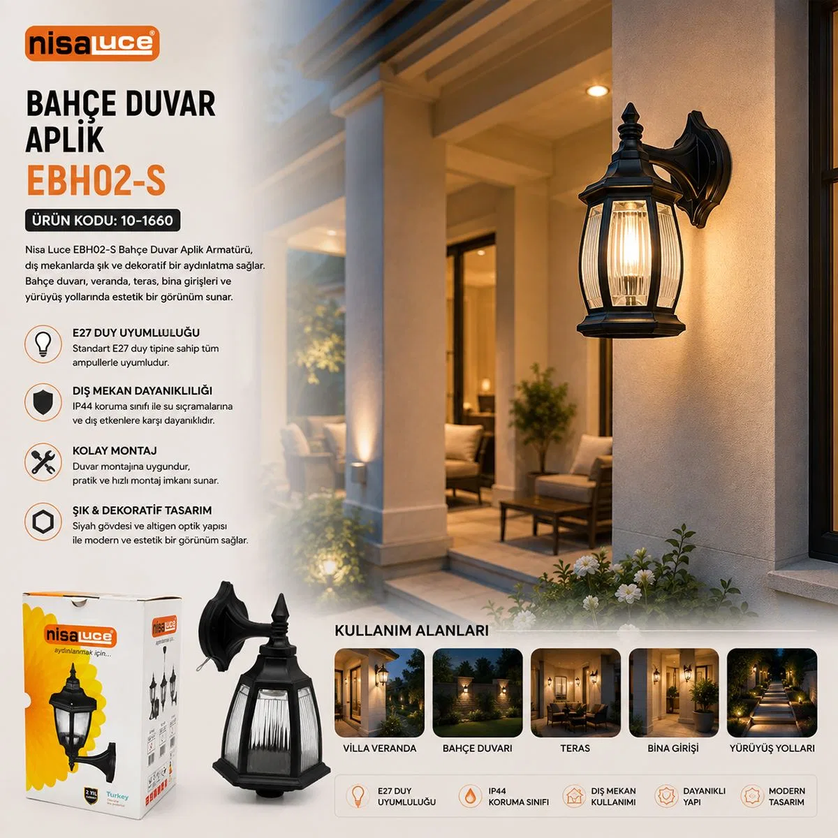 E27 Duvar Aplik Bahçe Balkon Sokak Lambası IP44 60W Siyah görsel 3