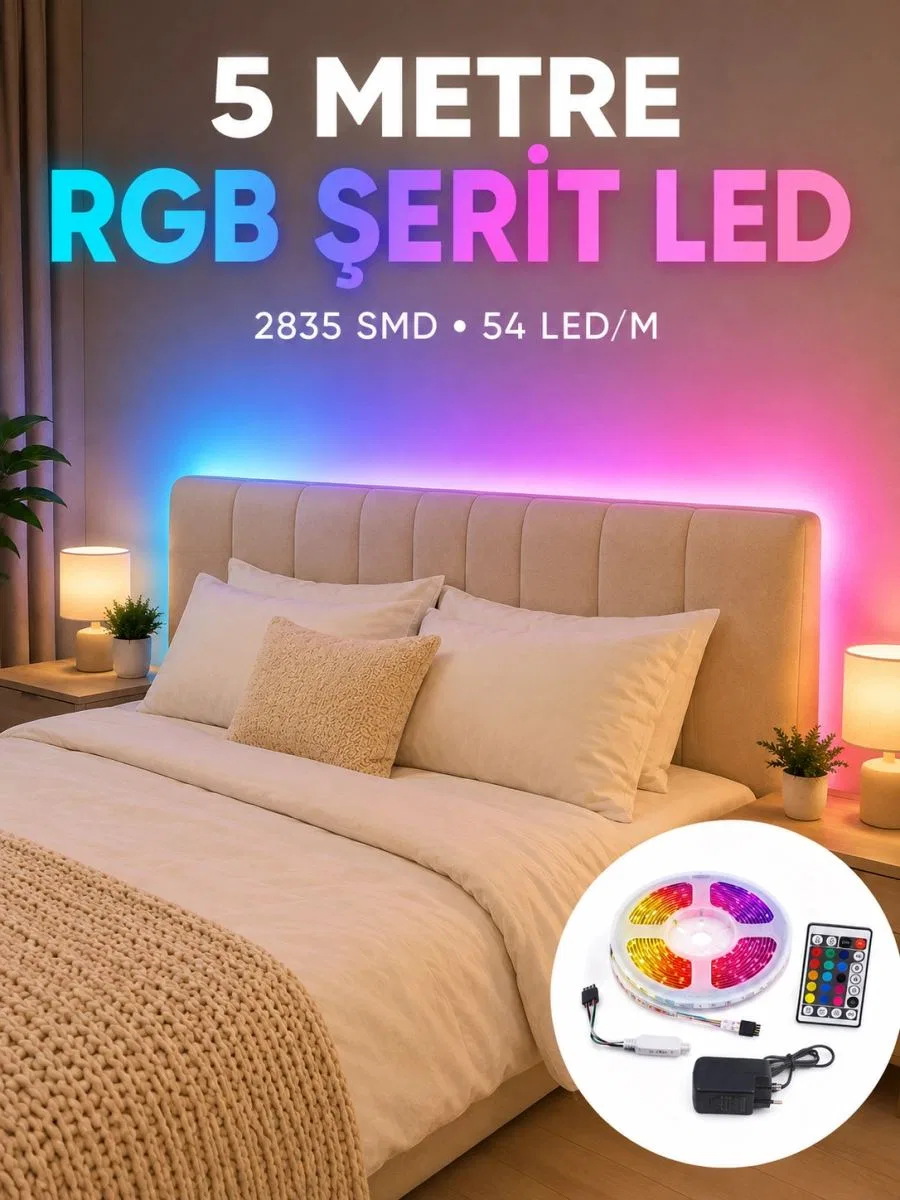 2835 Rgb Şerit Led 5 Metre 54 Led/m Uzaktan Kumandalı Renkli Dekorasyon Işığı