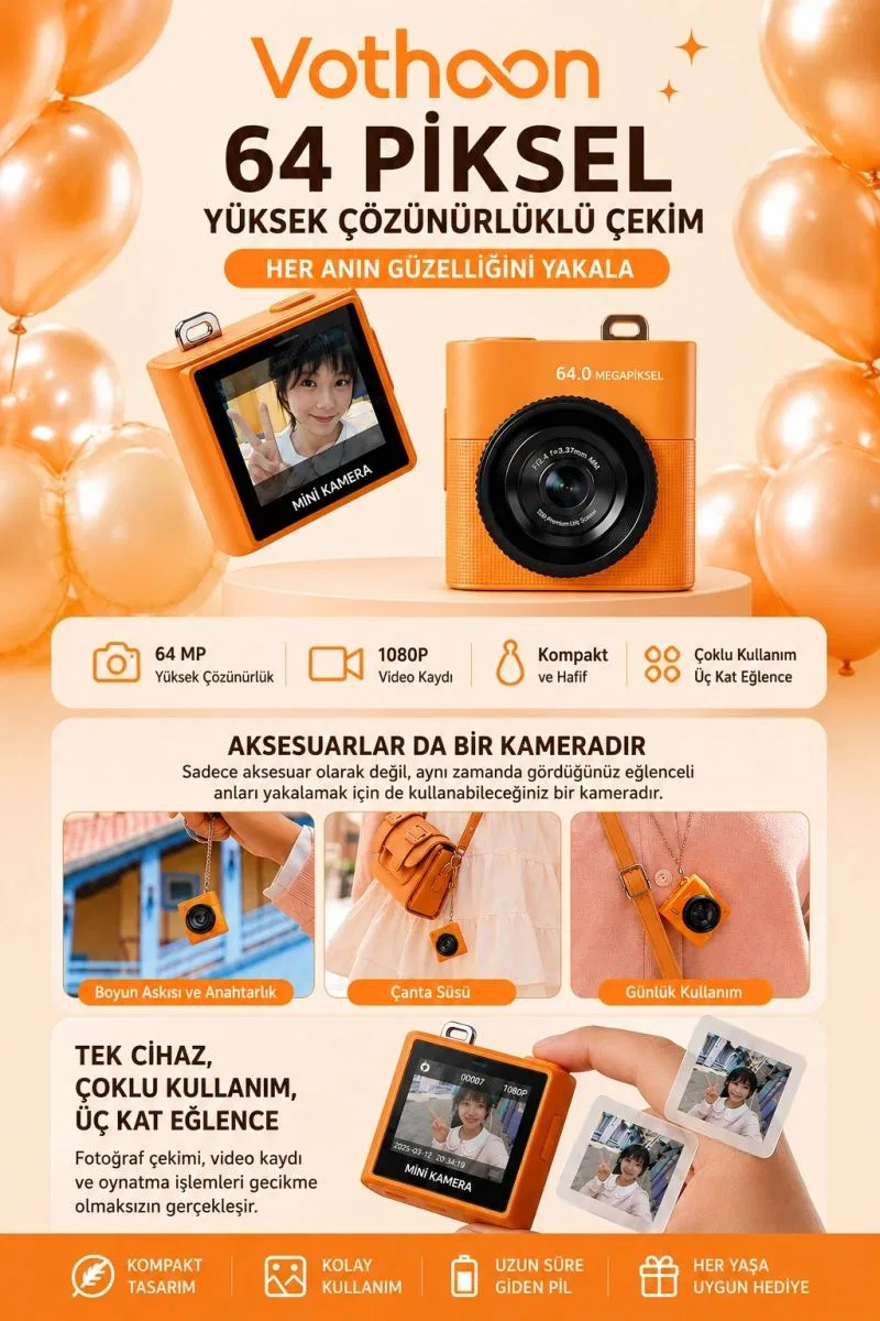 Mini Dijital Kamera 64mp 16x Digital Zoom Retro Vintage 1. 4’’ekranlı Video Kamera Taşınabilir Tasarım Turuncu görsel 2