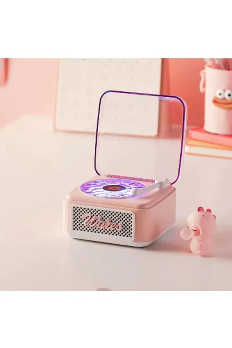 Nostalji Mini Plak Görünümlü Radyolu Bluetooth Hoparlör 3d Ses Dalgası Retro Müzik Plak Pembe görsel 3
