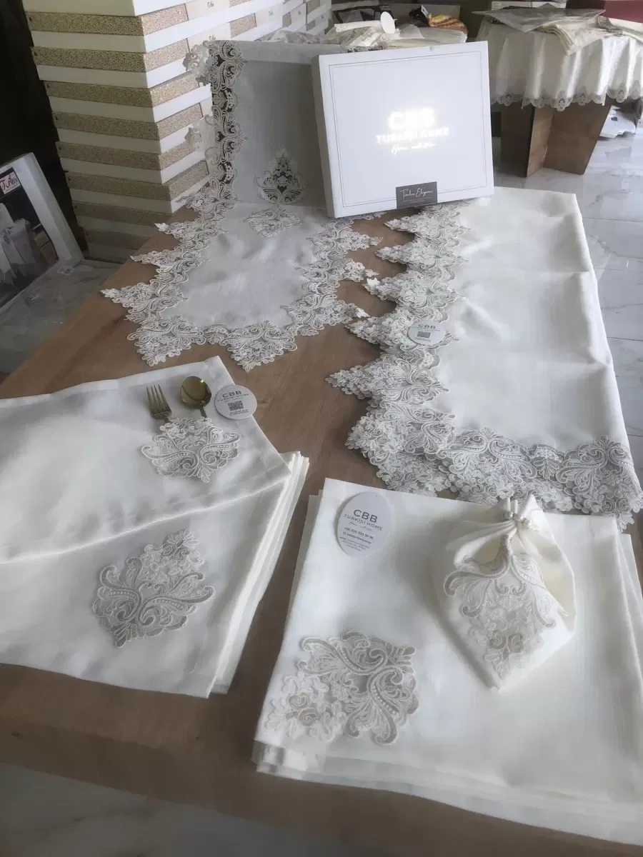 Sofra Takımı Mimoza Gardenya Keten Yemek Takımı 160x220 Masa Seti 12 Kişilik 26 Parça Runner Set Kreme Gold görsel 3