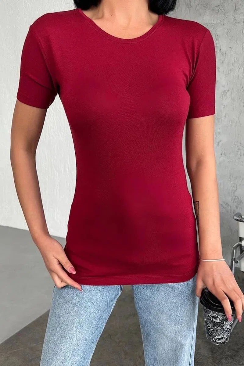 Rahat Ve Şık Kısa Kollu Bisiklet Yaka Likralı Viskon Penye Body Bordo görsel 3