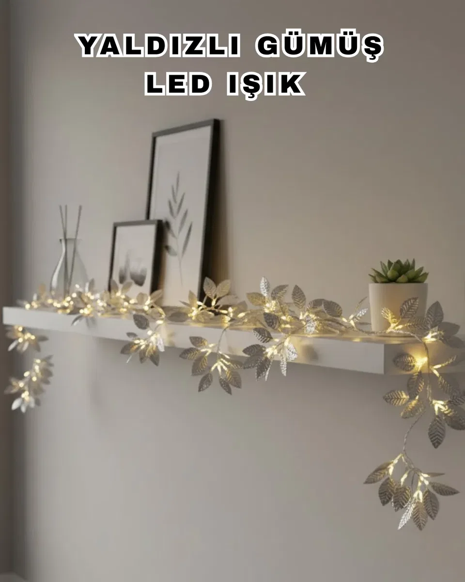 Yaldızlı Gümüş Yaprak LED Işık Pilli Dekoratif Ortam ve Yılbaşı Aydınlatması
