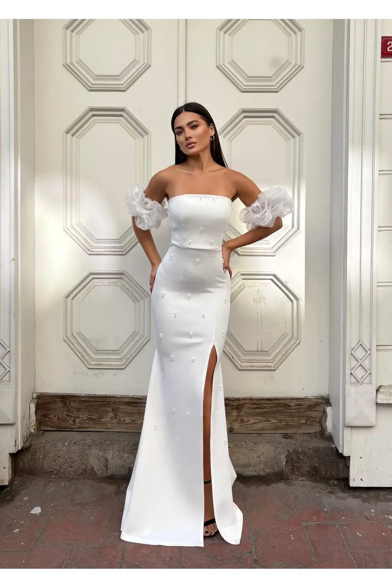 Kadın El Emeği Özel Kesim Straplez Kolsuz Balık Kesim Abiye Elbise görsel 5
