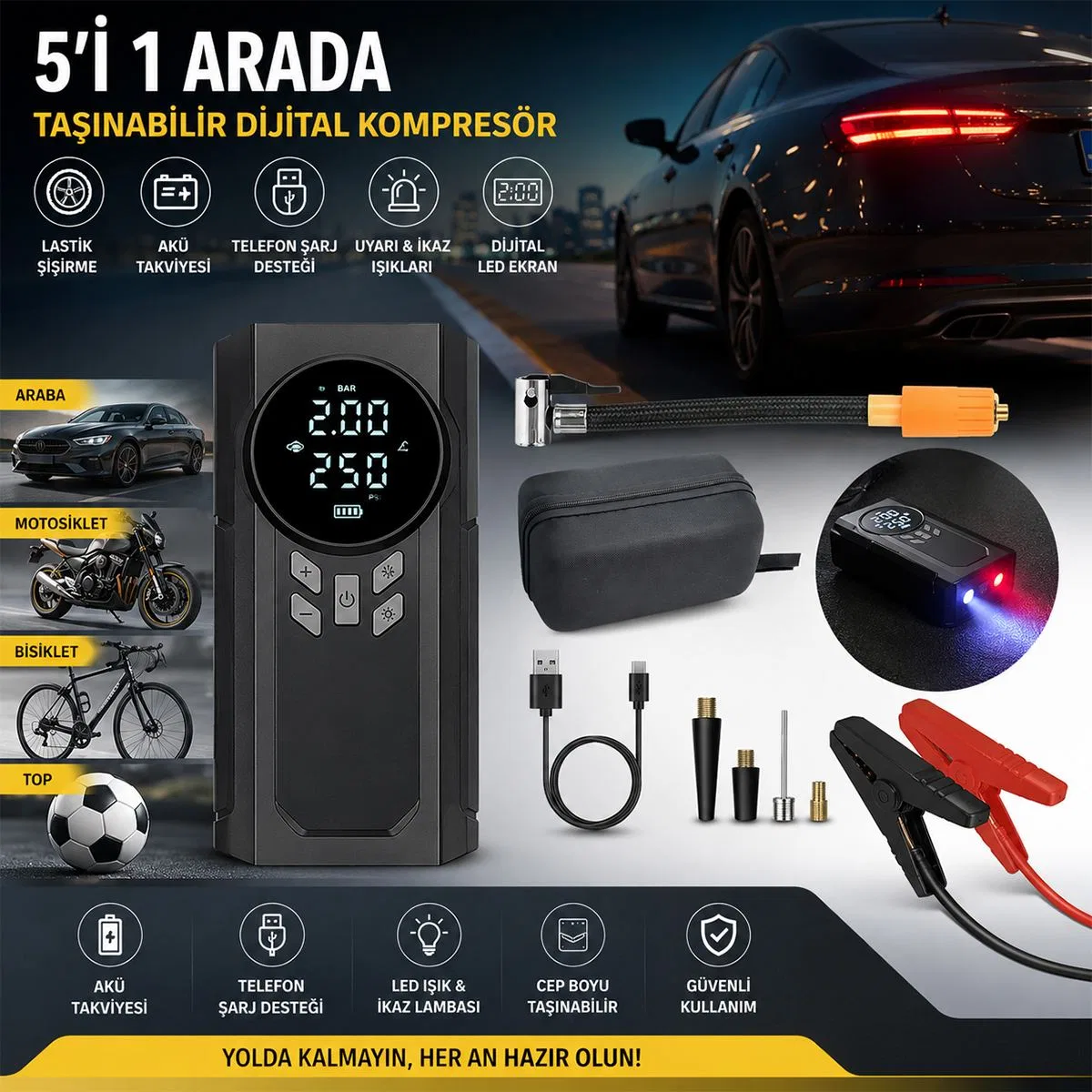 Akü Takviyeli 4-in-1 Kompresörlü Hava Pompası (12V, Dijital Ekran) görsel 2