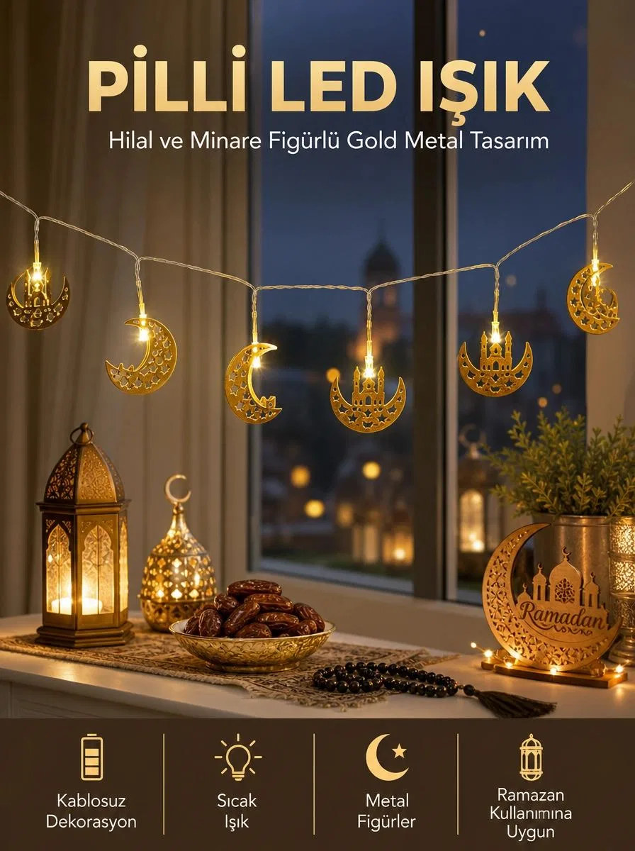 Pilli Minareli Hilal Led Işık Gold Metal Ramazan Dekorasyonu