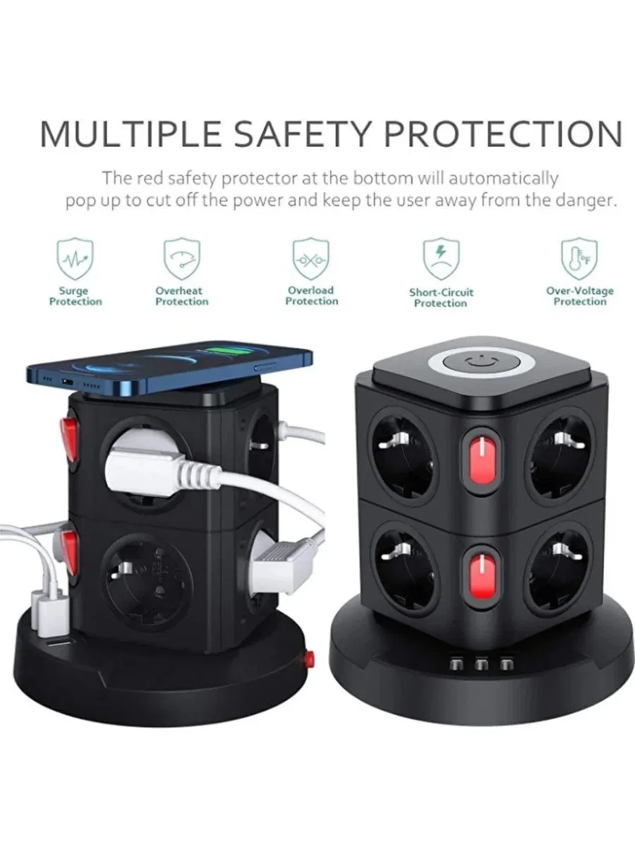 Termal Akım Korumalı Isıya Dayanıklı 3 Usb 8 Priz Ve Wireless Kablosuz Şarj 2. 4 Amper Kablolu Priz