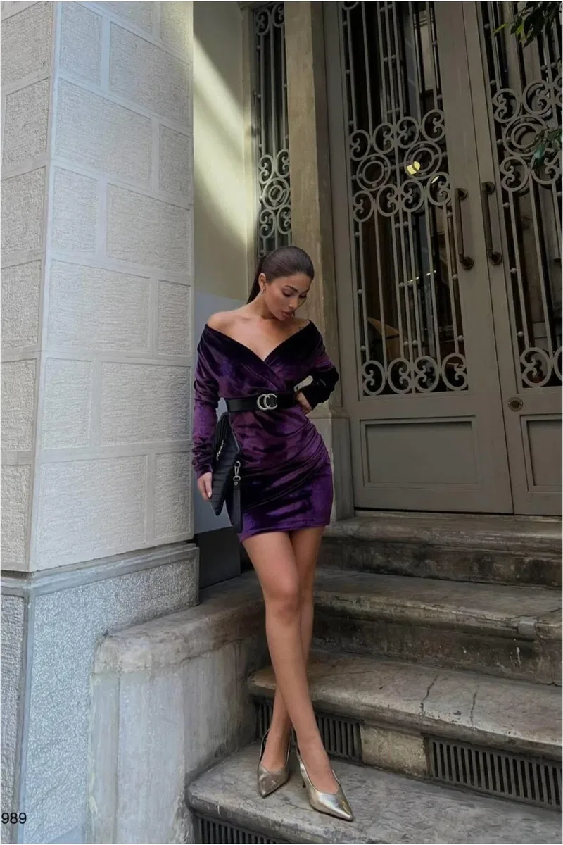 Kadın Zarif Stil Esnek Kadife Kumaş V Yaka Kemerli Abiye Elbise