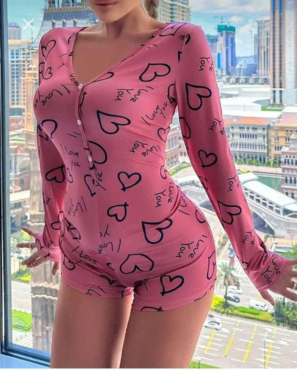 Pamuklu Pembe Siyah Kalp Desenli Düğmeli Uzun Kol Tulum Pijama görsel 3
