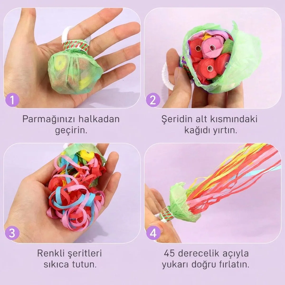 30 Şeritli Renkli Elle Atılan Konfeti – 5 Metre Uzayan Şerit Konfeti 1 Adet görsel 3