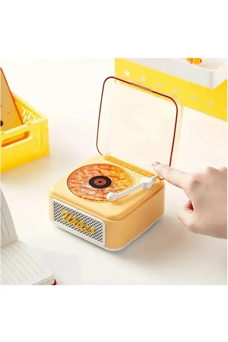 Nostalji Mini Plak Görünümlü Radyolu Bluetooth Hoparlör 3d Ses Dalgası Retro Müzik Plak Sarı görsel 2
