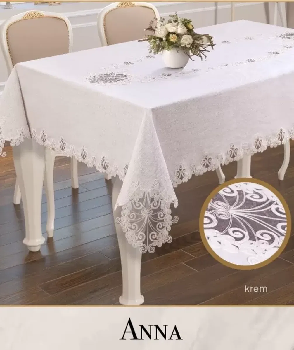 Anna Model Gardenya Keten Krem 160x220 cm Dantelli Şık Tek Masa Örtüsü