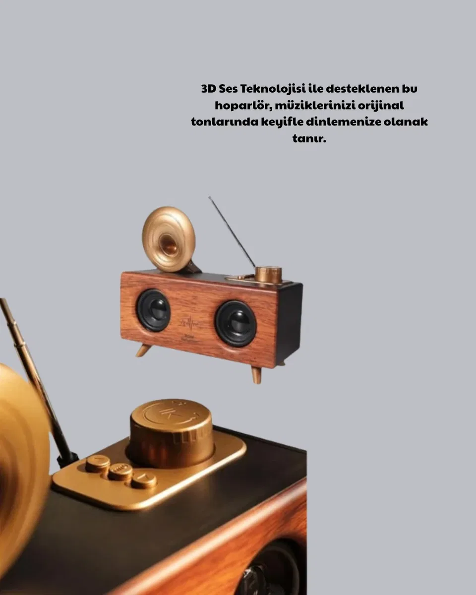 Nostaljik Gramofon Bluetooth Hoparlör – FM Radyo + USB + SD Kart Destekli görsel 4