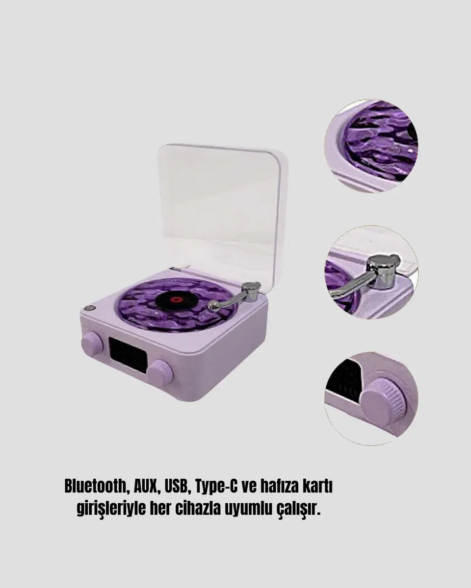 Projektör Işıklı Retro Hoparlör Bluetooth AUX USB Hafıza Kartlı 360° Sesli Şarjlı görsel 3