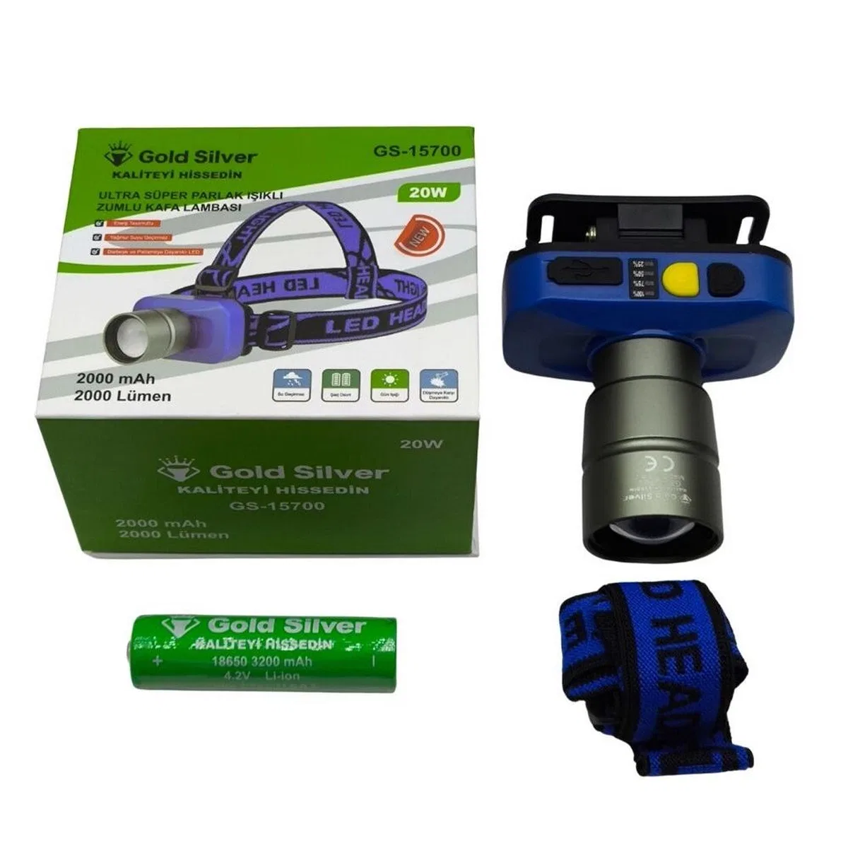 Gold Silver Gs-15700 20w 2000 Lümen Sarı Beyaz Işık Zoomlu Şarj Edilebilir Kafa Feneri görsel 5