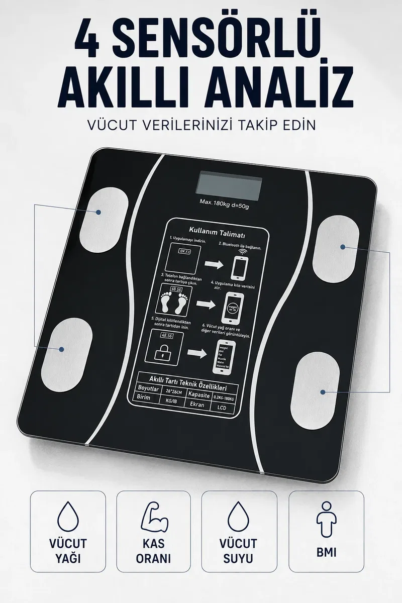 Bluetooth Akıllı Tartı 180 Kg Kapasiteli Vücut Yağ Kas Su BMI izli Cam Baskül