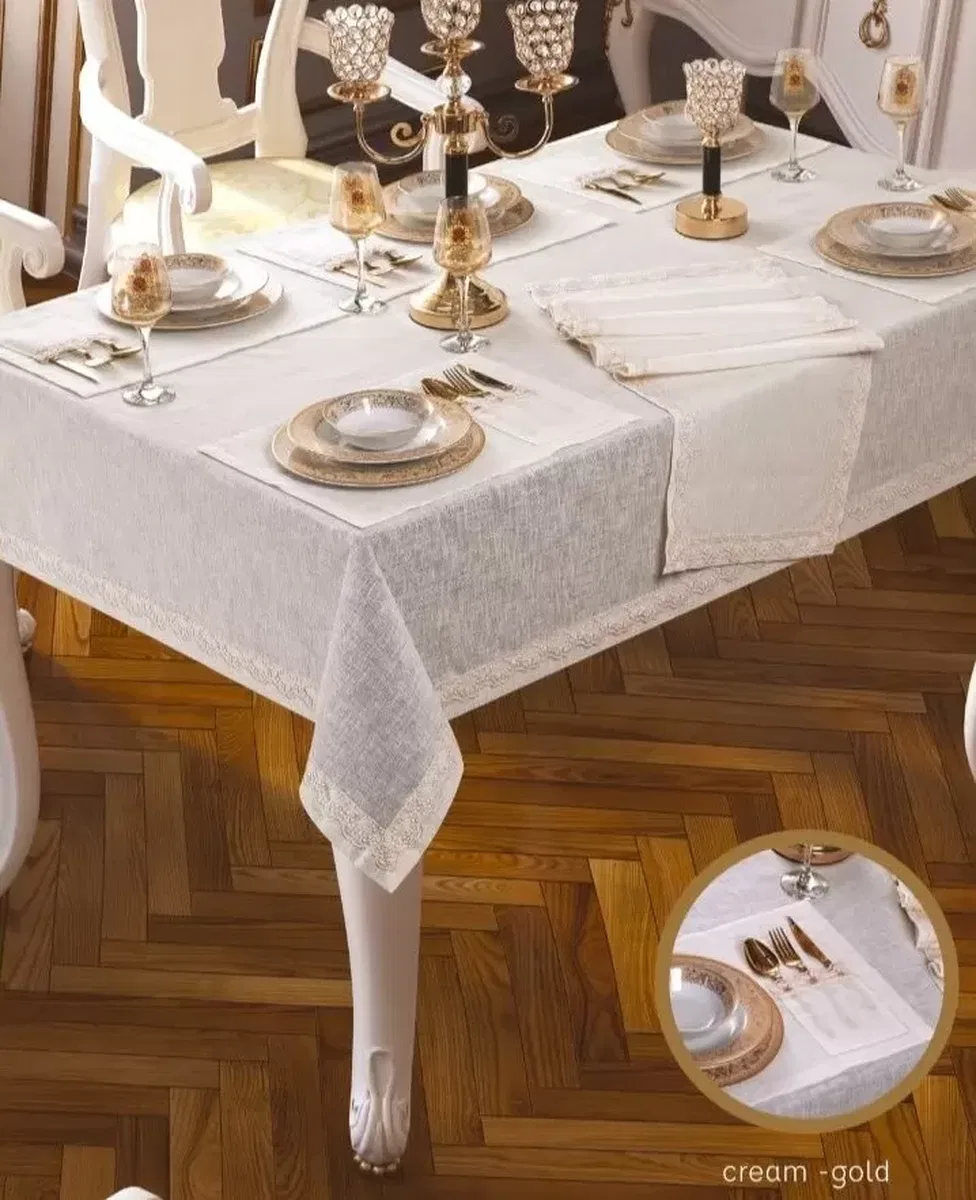 Zara Linen Yemek Takımı Masa Seti 12 Kişilik 26 Parça 160 × 220 cm Runner Set Krem görsel 6