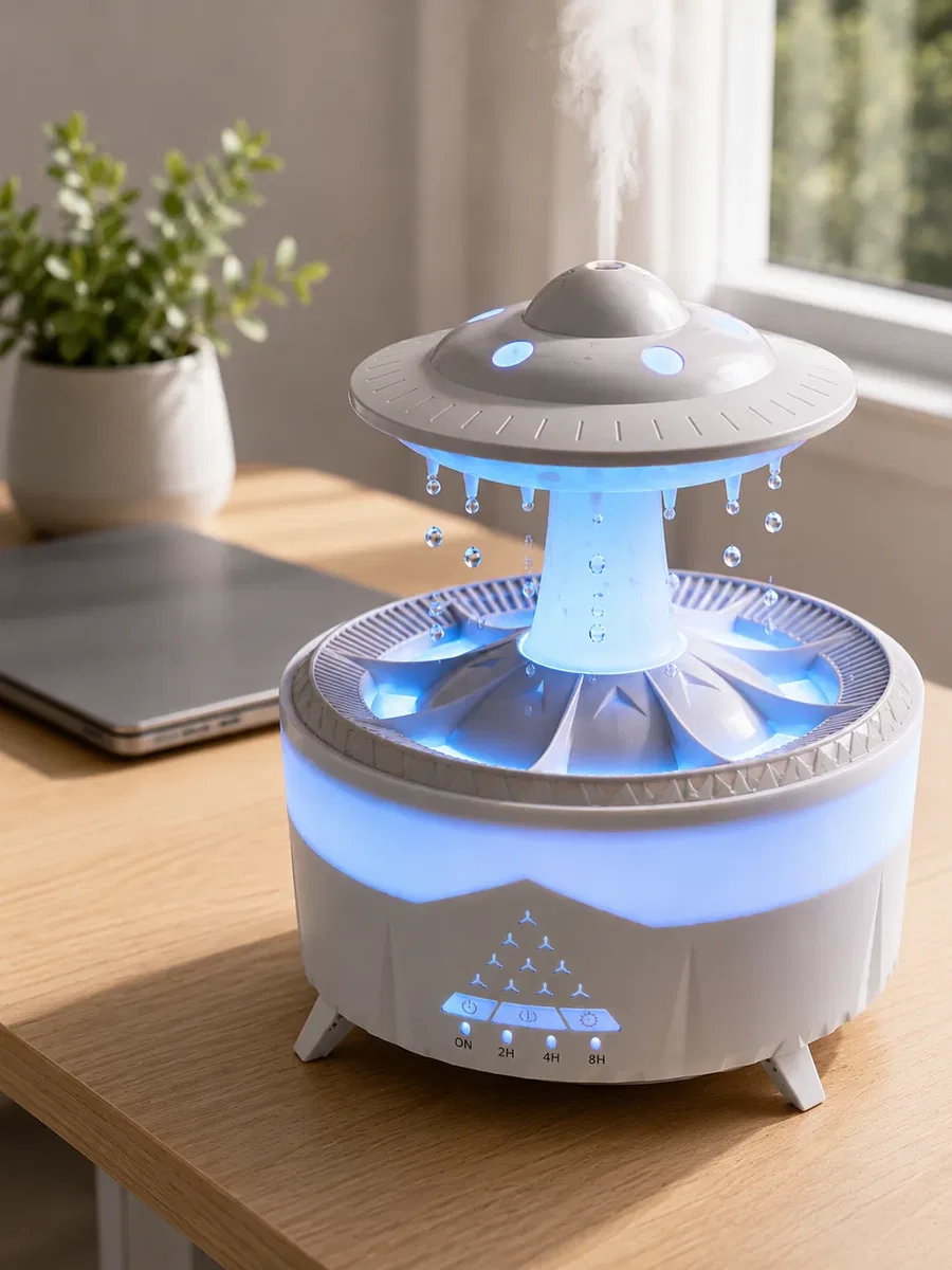 Dekoratif UFO Hava Nemlendirici Simüle Yağmur Damlalı Renkli Gece Işıklı 350 ML görsel 3