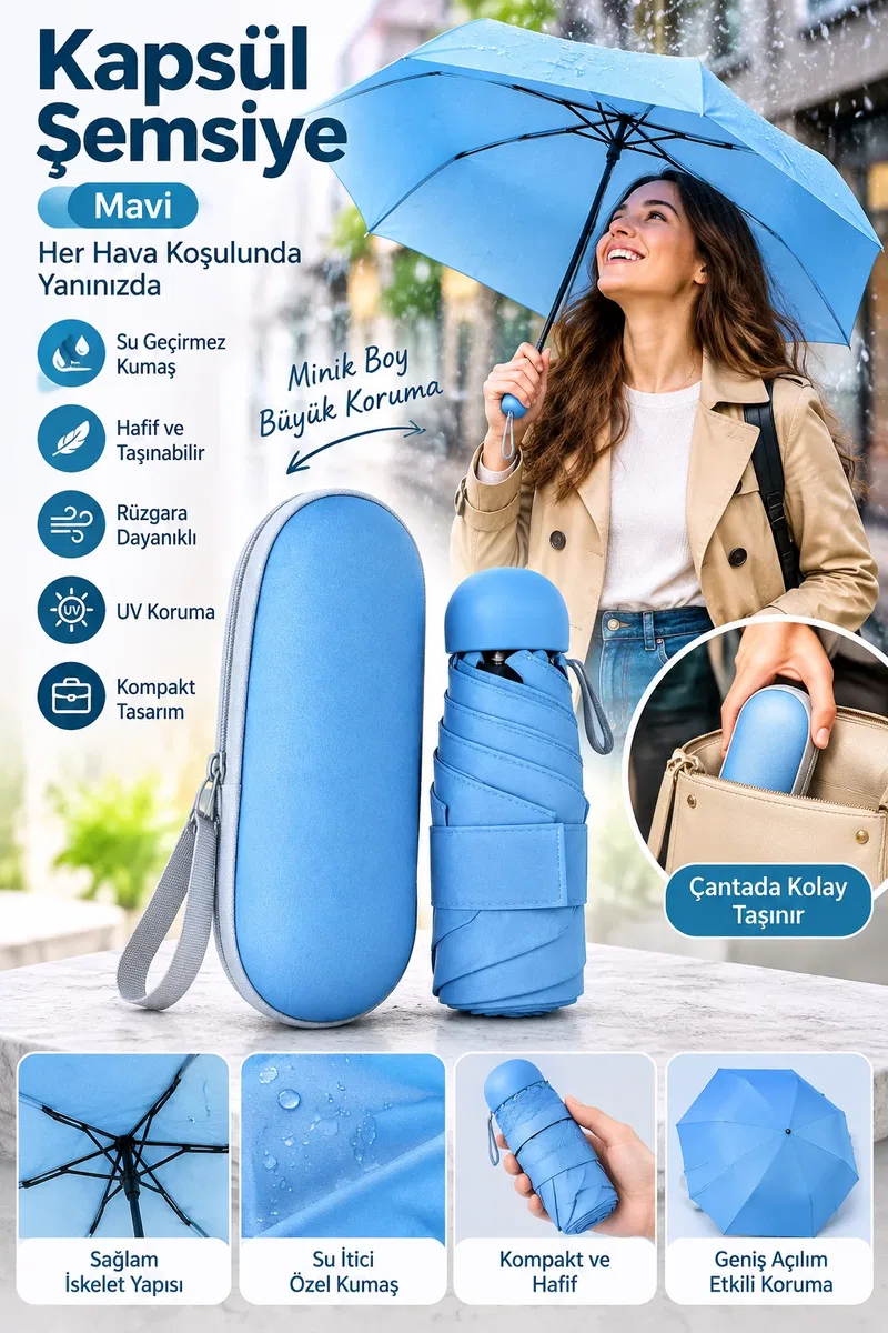 Hafif Yapısı ve Kolay Taşınabilir Tasarımıyla Mavi Kapsül Şemsiye