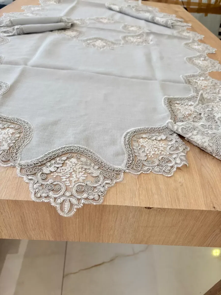 Salon Takımı Çeyizlik Gri Runner Seti 5 Parça Keten Ranır Masa Konsol Sehpa Örtüsü Selinda görsel 2