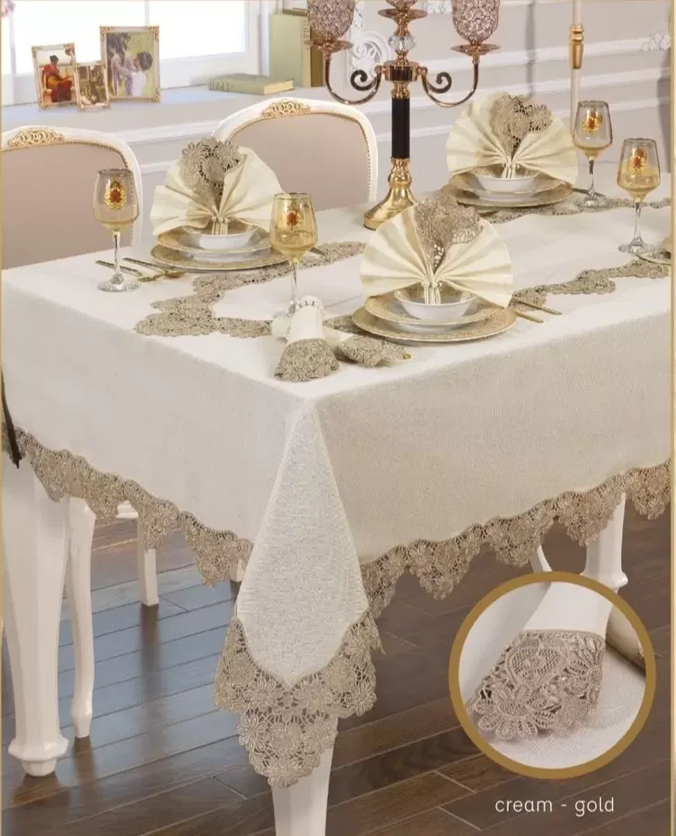 El İşi Angles Flora 17 Parça 8 Kişilik165 × 265 cm Krem-Gold Masa Takımı görsel 5