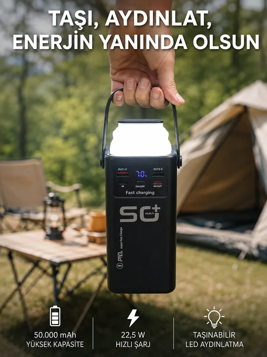 50. 000 mAh Powerbank Hızlı Şarj 4 Dahili Kablolu Dijital Göstergeli LED Aydınlatmalı Taşınabilir Şarj Cihazı