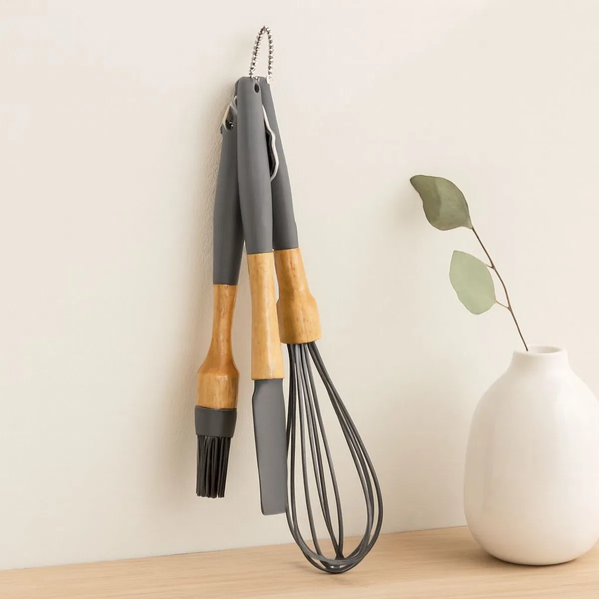 Silikon Çırpıcı, Fırça ve Spatula - Ahşap Bambu Saplı