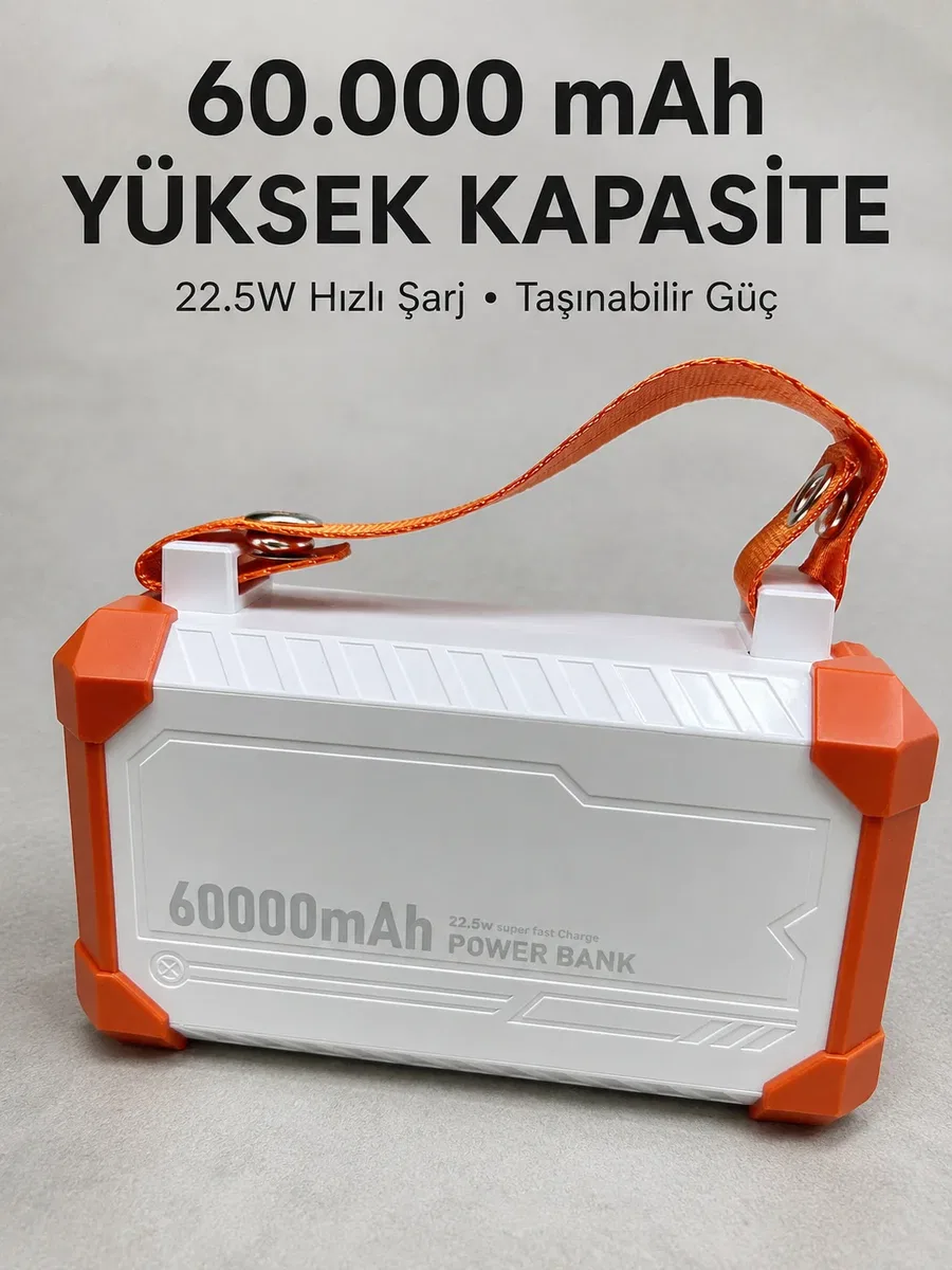 Kamp ve Seyahat İçin 60000 mAh Powerbank 22. 5W Hızlı Şarj Acil Durum Işıklı Taşıma Saplı 4 Entegre Kablolu