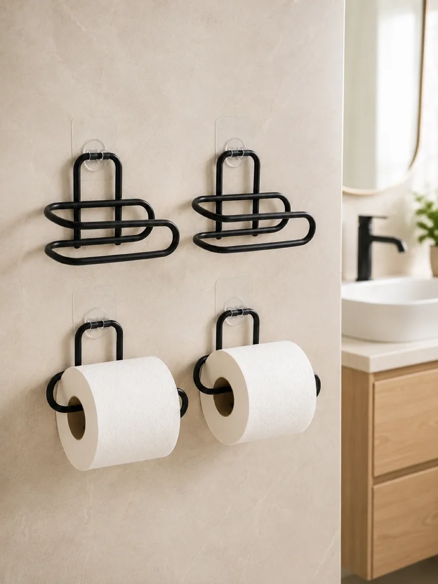 Duvara Yapışkanlı WC Kağıtlık Siyah Metal 4 Adet Tuvalet Kağıdı Rulo Askısı görsel 2