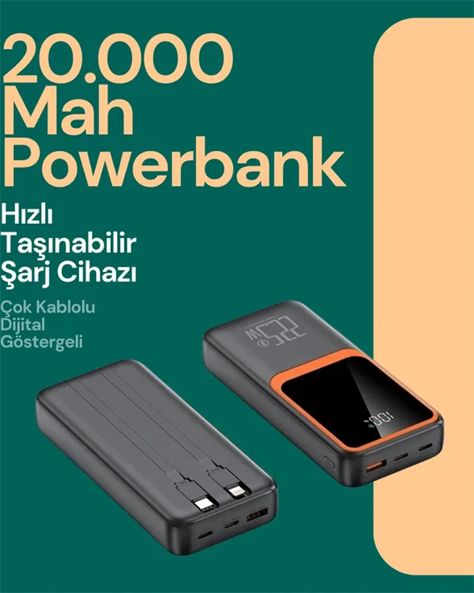 Taşınabilir Şarj Cihazı 20000 mAh | 22. 5W Hızlı Şarj + Dijital Ekran + Kablo Dahil görsel 2